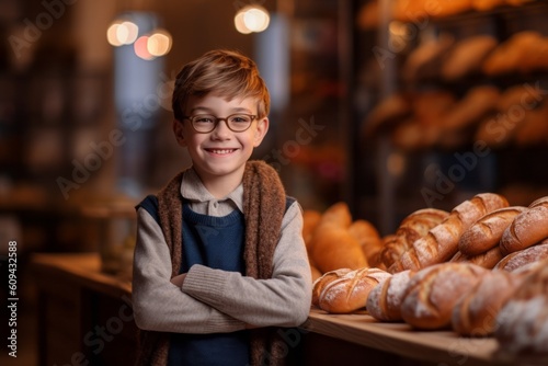 Portrait of a little boy in a bakery. The boy is smiling.