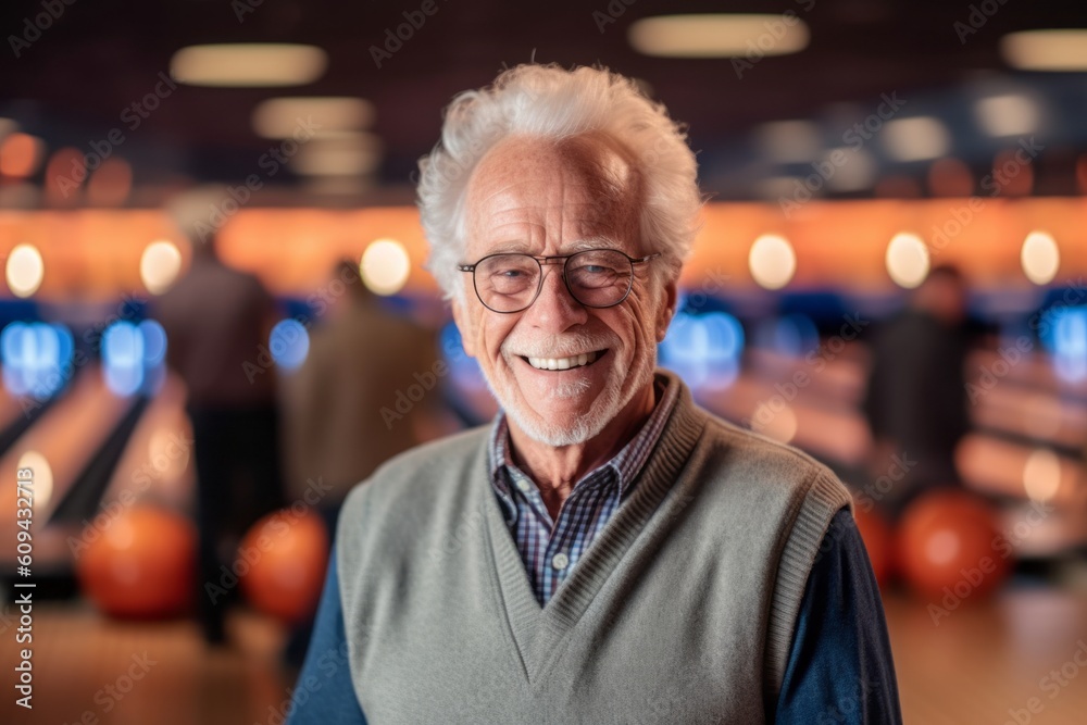 Portrait of a senior man in bowling alley at the leisure center Portrait of a senior man in bowling alley at the leisure center