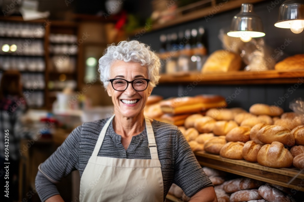 Portrait of smiling senior woman standing in bakery and looking at camera