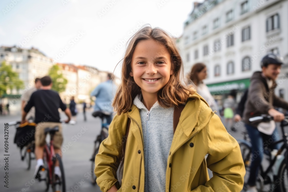 Portrait of smiling girl in yellow coat looking at camera in city