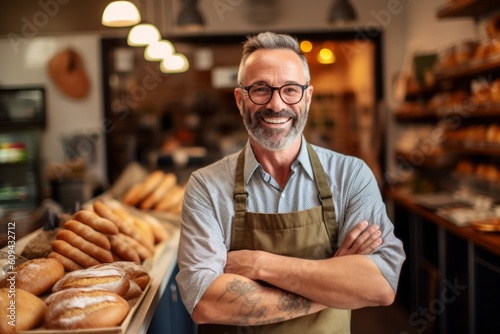 Medium shot portrait photography of a satisfied man in his 40s that is wearing a chic cardigan against a busy bakery with freshly baked goods and bakers at work background . Generative AI