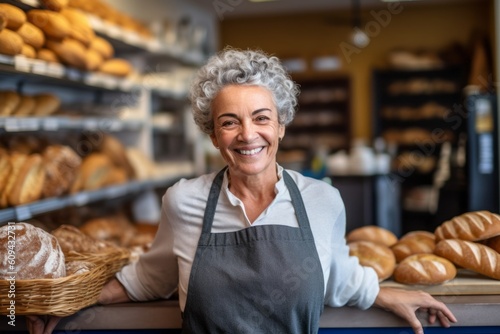 Portrait of smiling female staff holding basket of bread in bakery shop