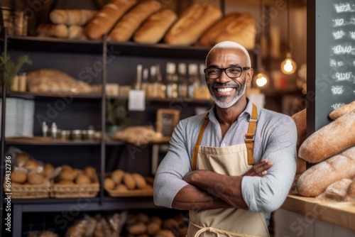 Medium shot portrait photography of a satisfied man in his 40s that is wearing a chic cardigan against a busy bakery with freshly baked goods and bakers at work background . Generative AI