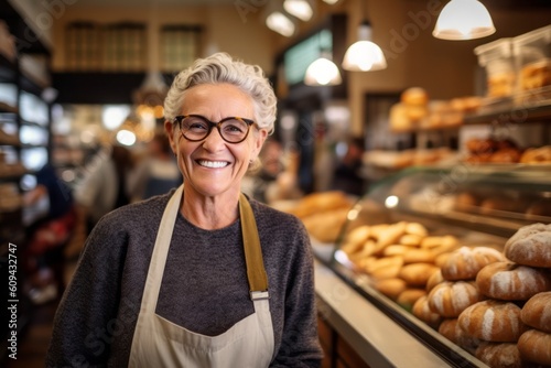 Medium shot portrait photography of a grinning woman in her 50s that is wearing a chic cardigan against a busy bakery with freshly baked goods and bakers at work background . Generative AI