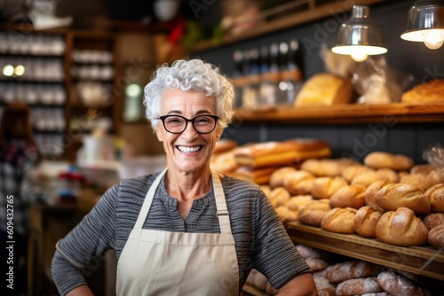 Portrait of smiling senior woman standing in bakery and looking at camera