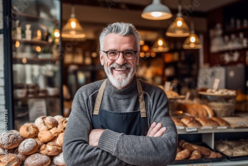 Fotomurale Medium shot portrait photography of a cheerful man in his 50s that is wearing a chic cardigan against a busy bakery with freshly baked goods and bakers at work background