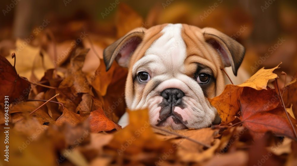 Bulldog puppy in autumn leaves background