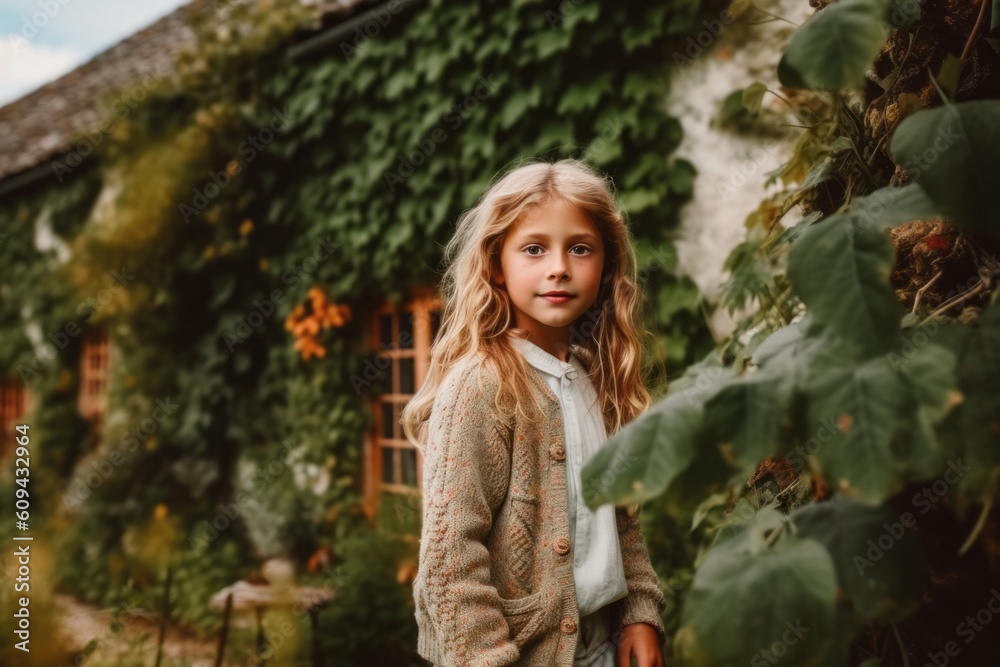 Cute little girl with long blond hair, dressed in a beige sweater, stands in the garden. Cute little girl with long blond hair, dressed in a beige sweater, stands in the garden.