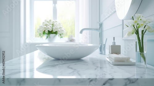 White modern bathroom interior. Empty marble table top for product display with blurred bathroom interior background. 