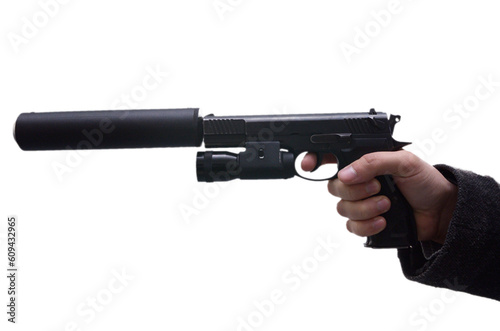 Man hand aiming with a pistol with a silencer