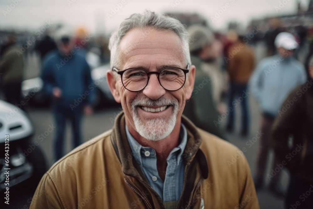 Portrait of happy senior man in eyeglasses standing on street Portrait of happy senior man in eyeglasses standing on street