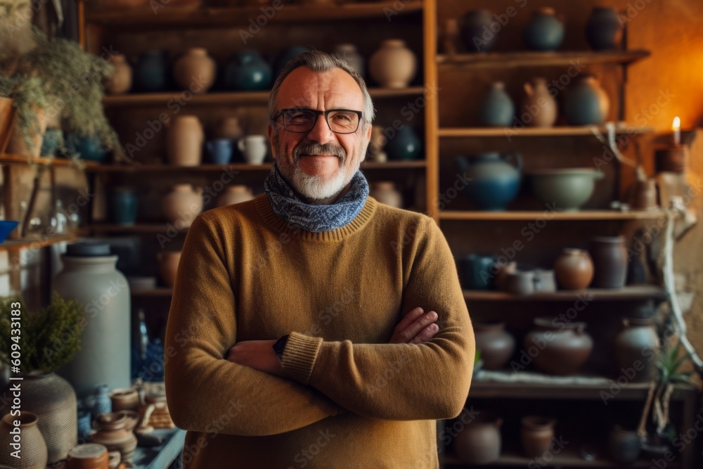 Portrait of a smiling senior potter standing with arms crossed in pottery studio