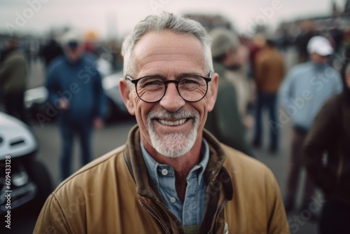 Portrait of happy senior man in eyeglasses standing on street