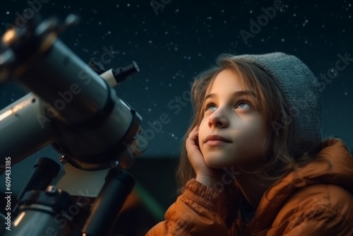 Medium shot portrait photography of a pleased child female that is wearing a casual t-shirt against a captivating stargazing event with telescopes background . Generative AI