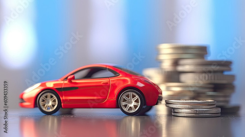 Car toy vehicle with stack coin money on background