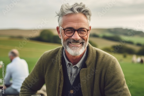 Medium shot portrait photography of a pleased man in his 50s that is wearing a chic cardigan against a scenic countryside picnic with friends and family background . Generative AI