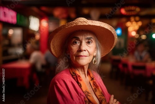 Portrait of senior woman in hat and orange shirt standing in cafe
