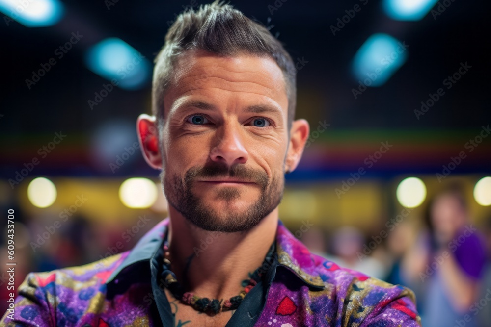 Portrait of a handsome young man in a colorful shirt at a party Portrait of a handsome young man in a colorful shirt at a party