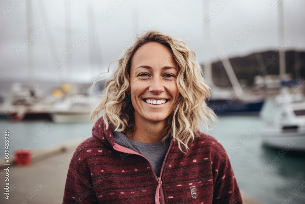 Medium shot portrait photography of a grinning woman in her 30s that is wearing a cozy sweater against a dramatic sailboat race on a windy day background . Generative AI