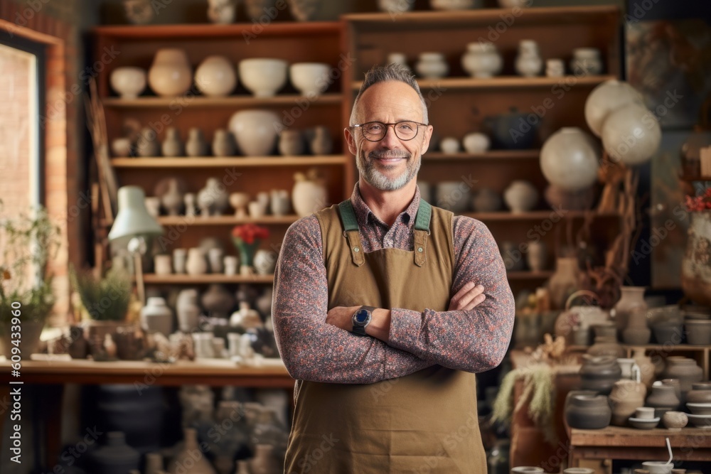 Portrait of smiling mature potter standing with arms crossed in pottery studio