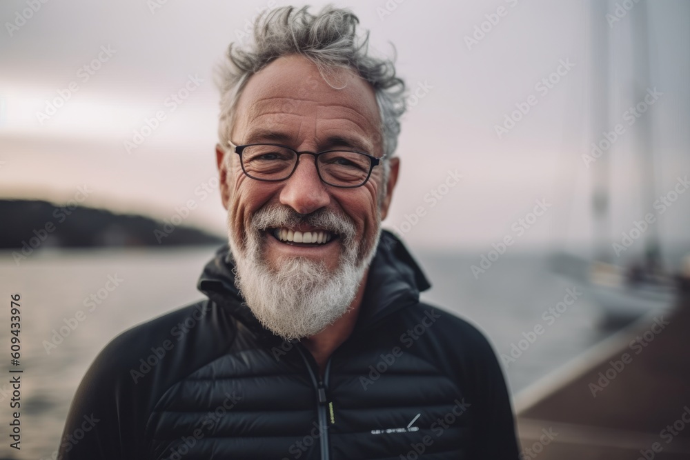 Portrait of happy senior man in eyeglasses looking at camera and smiling while standing on pier Portrait of happy senior man in eyeglasses looking at camera and smiling while standing on pier