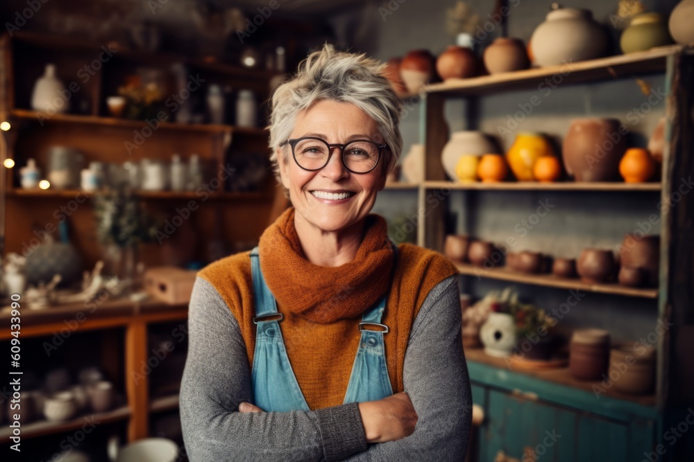 Portrait of smiling mature woman with arms crossed in pottery workshop