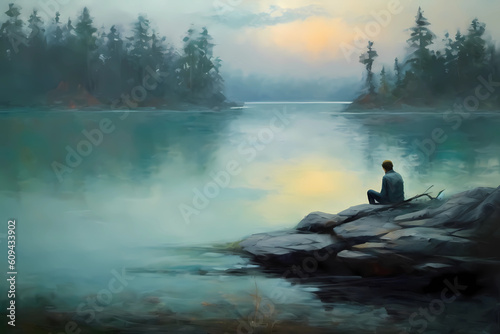 A person sitting on a rock beside a lake, quiescent and contemplating (Generative AI) photo