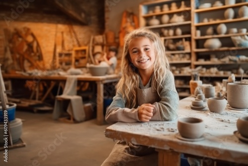 Portrait of a smiling little girl sitting at the table in pottery workshop