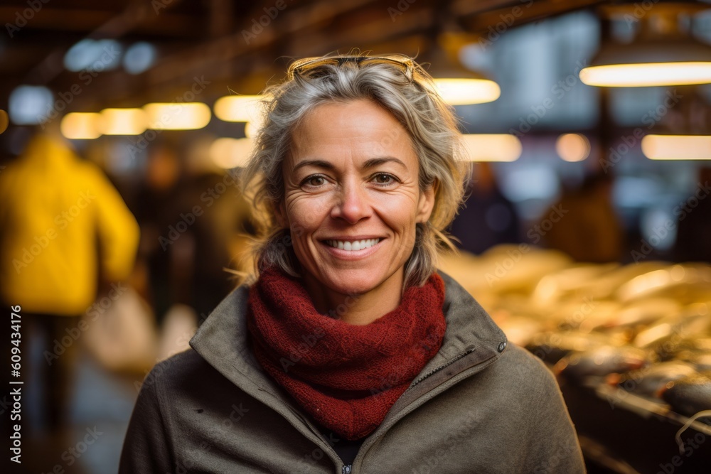 Portrait of smiling mature woman at counter of food market in winter Portrait of smiling mature woman at counter of food market in winter