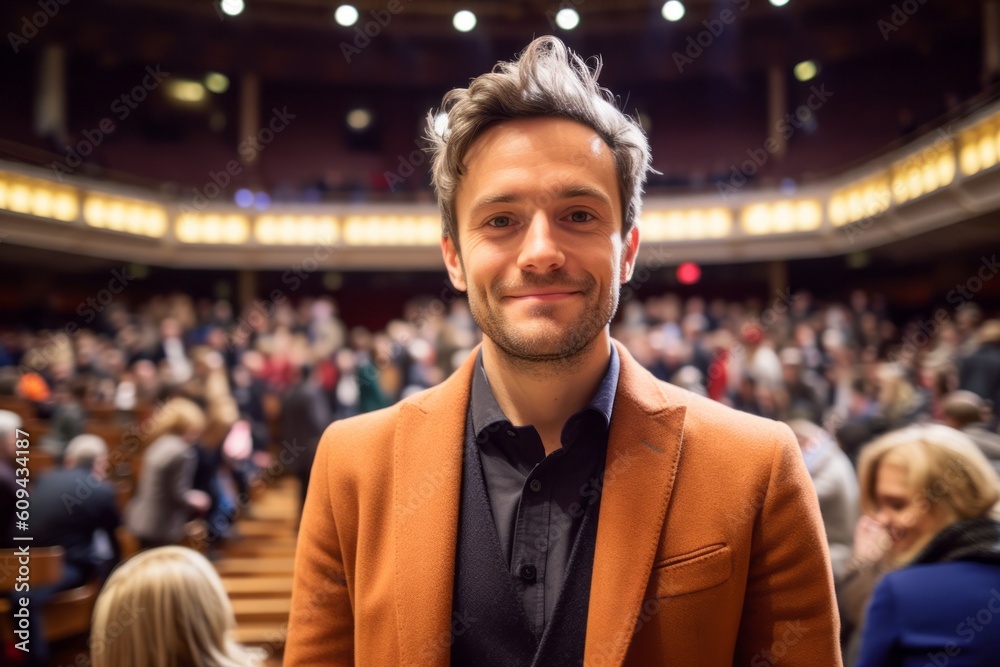 Fototapeta premium Young handsome businessman in front of a large group of people in a conference hall