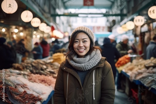 Portrait of a smiling Asian woman looking at the camera while standing in the market