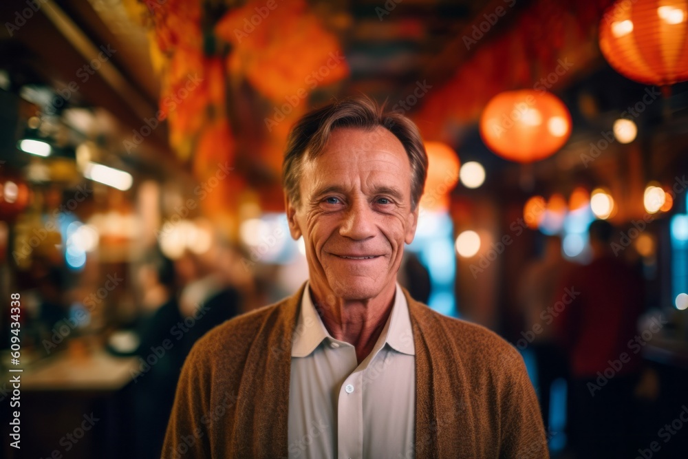 Portrait of senior man standing in a pub and smiling at camera Portrait of senior man standing in a pub and smiling at camera