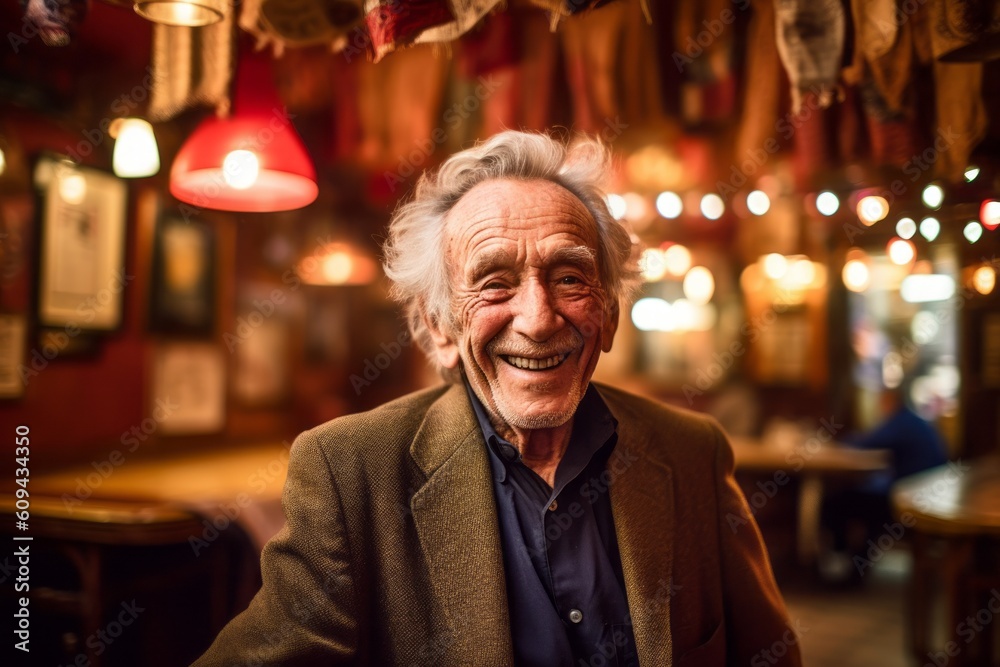 Portrait of a senior man sitting in a pub and smiling. Portrait of a senior man sitting in a pub and smiling.