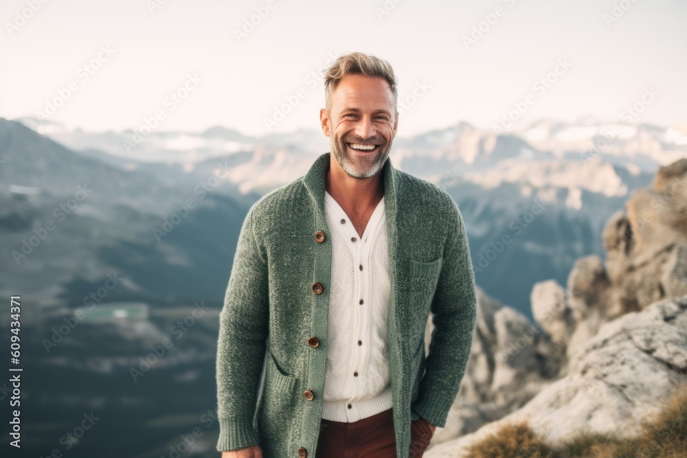 Medium shot portrait photography of a grinning man in his 40s that is wearing a chic cardigan against a scenic mountain hike with breathtaking views background . Generative AI