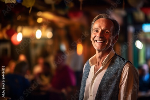 Portrait of senior man smiling at the camera while standing in a pub