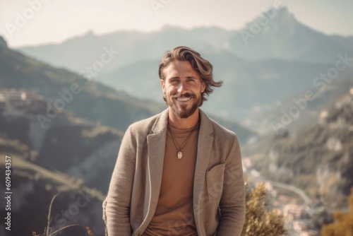 Handsome young man in casual clothes standing on top of a mountain and smiling