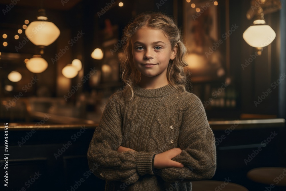 Portrait of a cute little girl in a cafe. Girl with curly hair. Portrait of a cute little girl in a cafe. Girl with curly hair.
