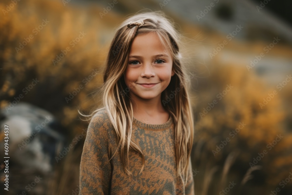 Medium shot portrait photography of a grinning child female that is wearing a cozy sweater against a scenic watercolor painting workshop in the outdoors background . Generative AI