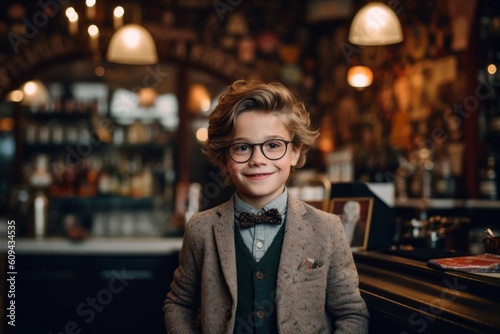 Medium shot portrait photography of a cheerful child male that is wearing a chic cardigan against an atmospheric speakeasy bar with vintage decor background . Generative AI