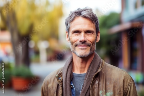 Portrait of handsome mature man with grey hair in casual clothes outdoors