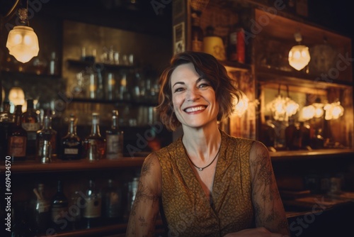 Portrait of beautiful woman sitting in a pub and smiling at camera