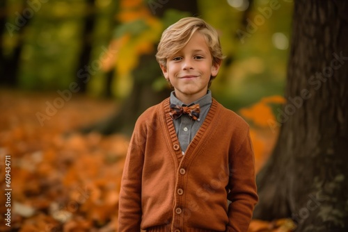 Medium shot portrait photography of a pleased child male that is wearing a chic cardigan against a brilliant display of fall foliage in a forest background . Generative AI