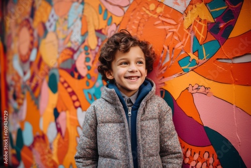Medium shot portrait photography of a pleased child male that is wearing a chic cardigan against a vibrant street art mural painting in progress background . Generative AI