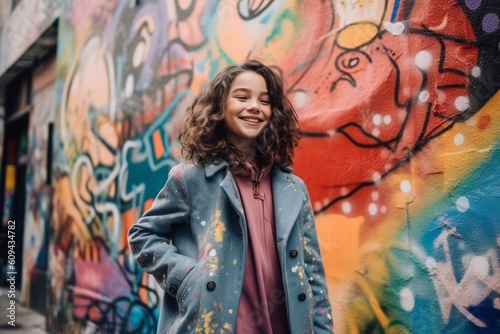 Portrait of a beautiful young woman with curly hair in a coat on the street.