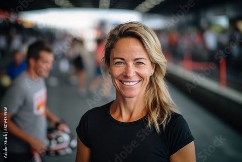 Portrait of smiling woman at crossfit gym with people in background