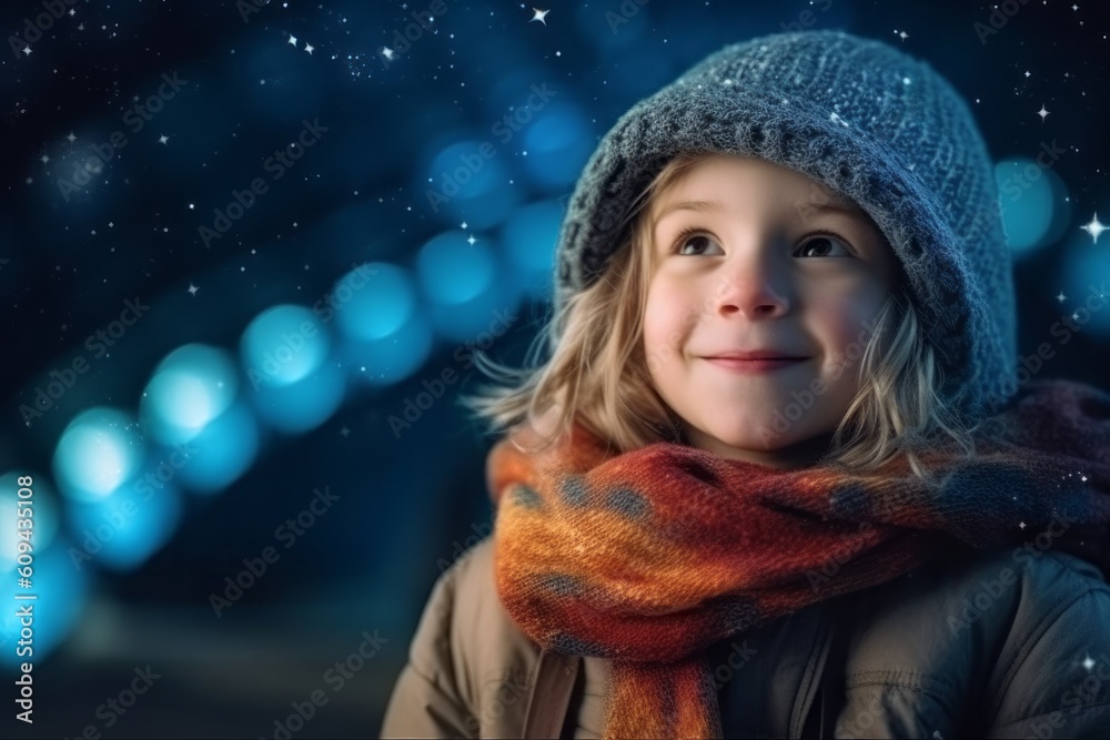 Adorable little girl in winter hat and scarf against blue bokeh background Adorable little girl in winter hat and scarf against blue bokeh background