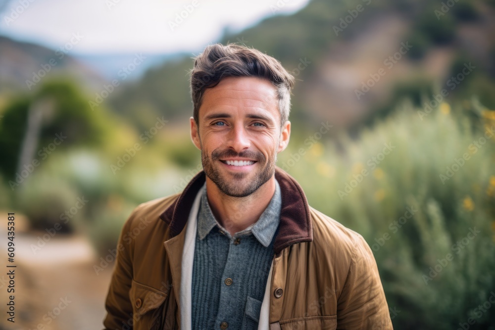 Portrait of handsome man smiling at camera while standing in field on a sunny day Portrait of handsome man smiling at camera while standing in field on a sunny day