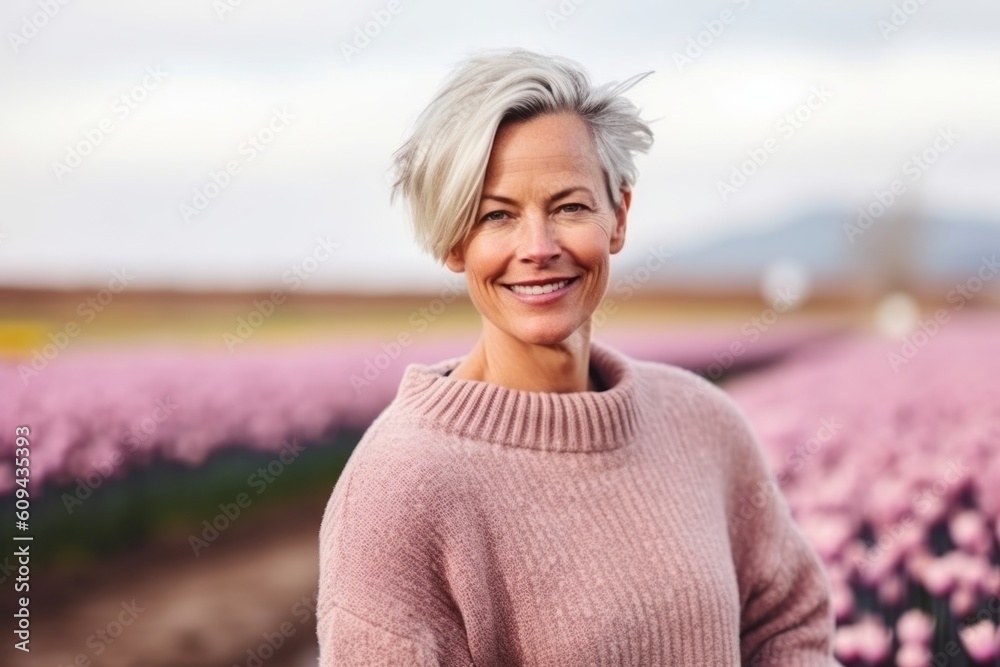 Portrait of smiling senior woman standing in field of pink tulips Portrait of smiling senior woman standing in field of pink tulips