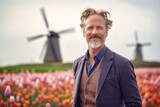 Medium shot portrait photography of a satisfied man in his 40s that is wearing a chic cardigan against a beautiful tulip field in full bloom with a windmill background . Generative AI