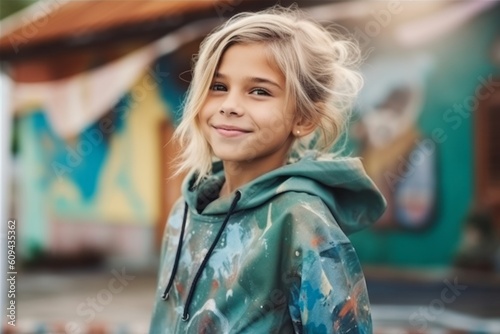 Portrait of a beautiful little girl with blond hair in a raincoat
